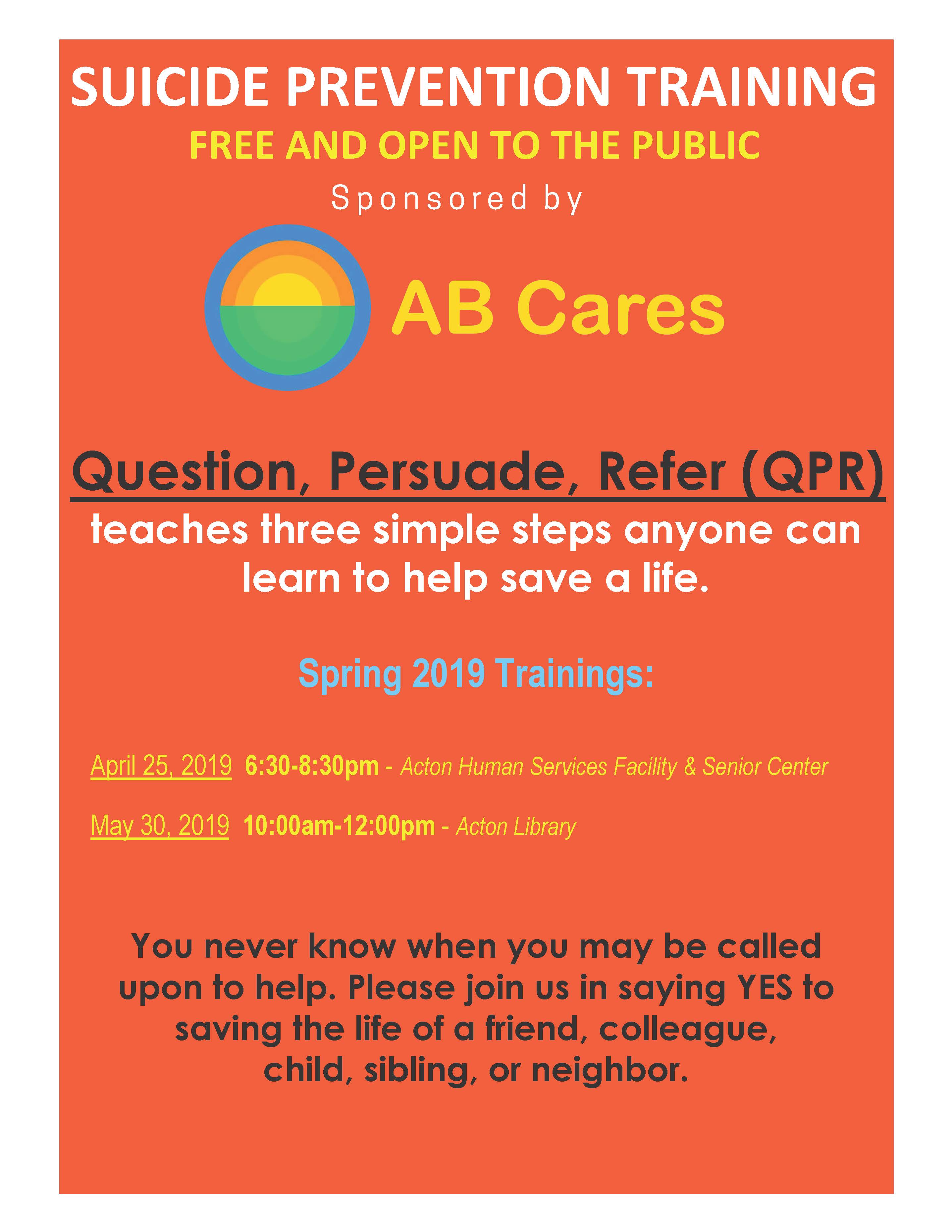 SUICIDE PREVENTION TRAINING FREE AND OPERN TO THE PUBLIC